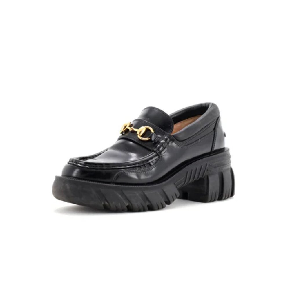 Gucci Black Horsebit Lug Sole Loafer 41 Platform Magnum Leather Chunky Heel